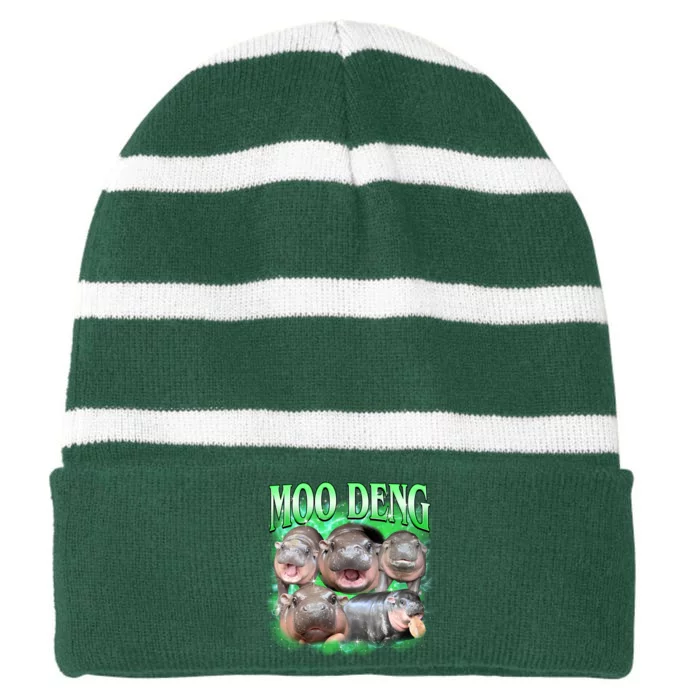 Green Moo Deng Meme Hippo Striped Beanie with Solid Band