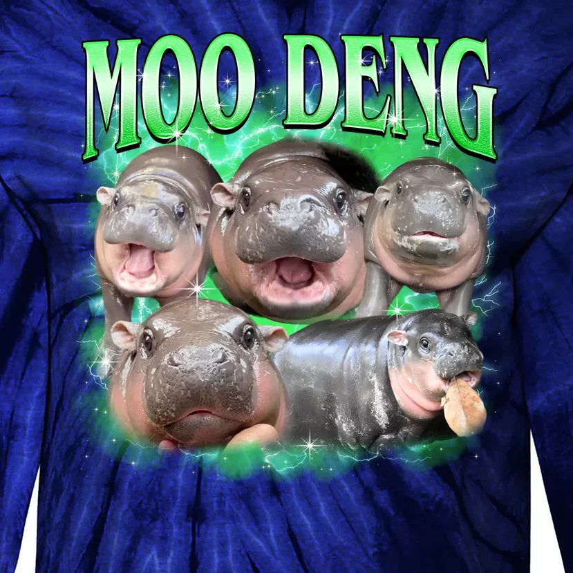 Green Moo Deng Meme Hippo Tie-Dye Long Sleeve Shirt