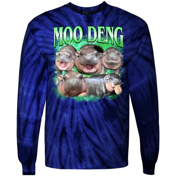 Green Moo Deng Meme Hippo Tie-Dye Long Sleeve Shirt