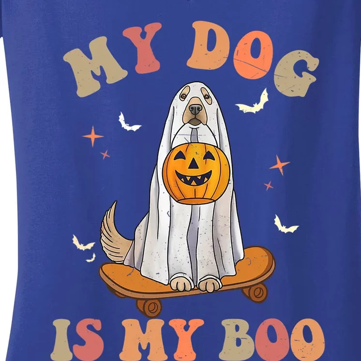 Groovy My Dog Is My Boo Ghost Dog Halloween Costume Gift Women's V-Neck T-Shirt