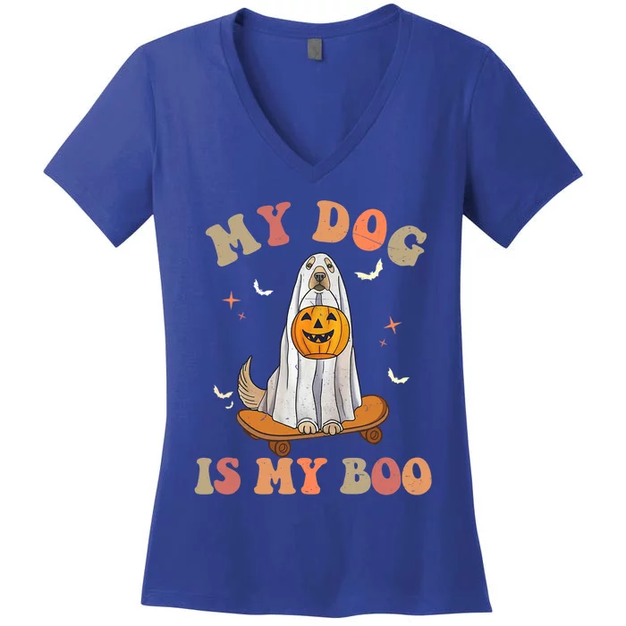 Groovy My Dog Is My Boo Ghost Dog Halloween Costume Gift Women's V-Neck T-Shirt