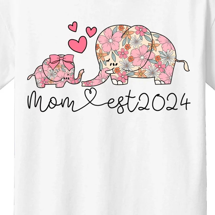 Groovy Mom Est 2024 Floral Elephant Kids T-Shirt