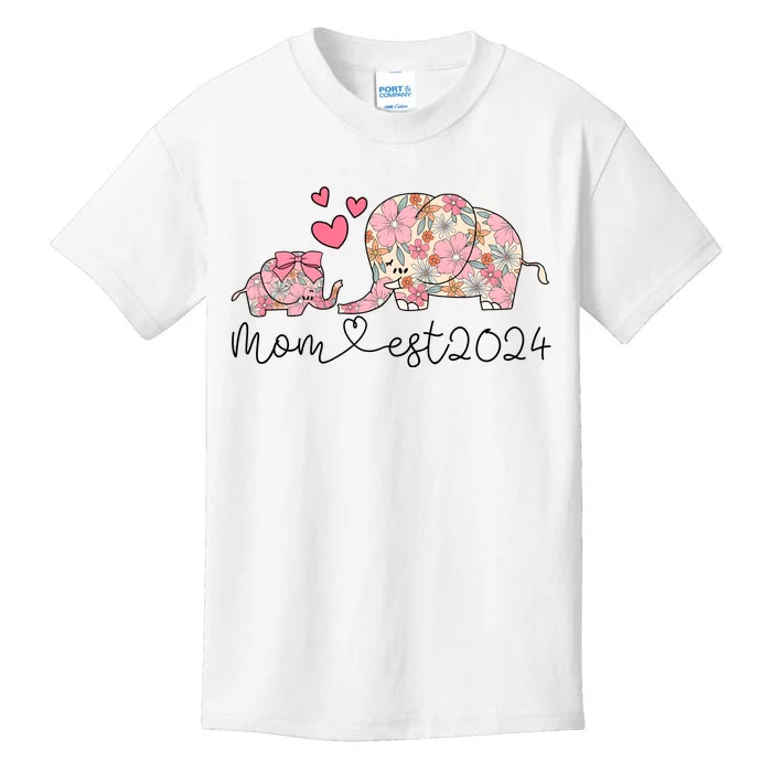 Groovy Mom Est 2024 Floral Elephant Kids T-Shirt