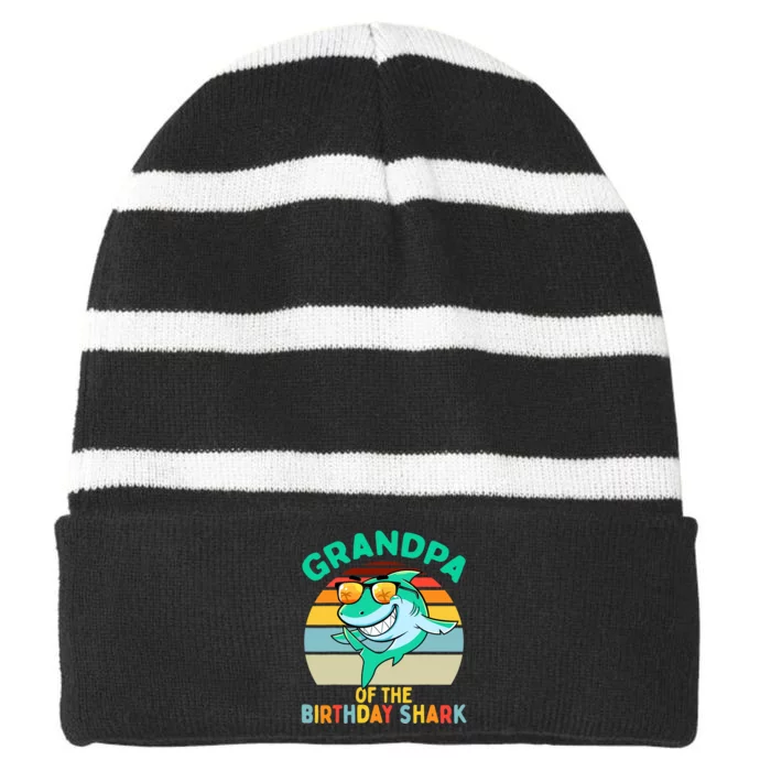 Grandpa Matching Family Shark Birthday Striped Beanie with Solid Band