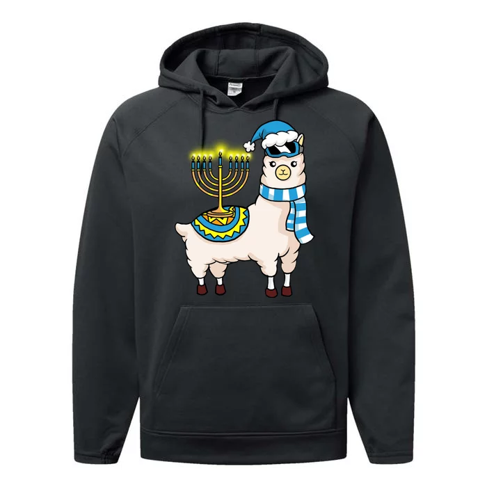 Glowing Menorah Hanukkah Llama Cute Alpaca Chanukah Performance Fleece Hoodie