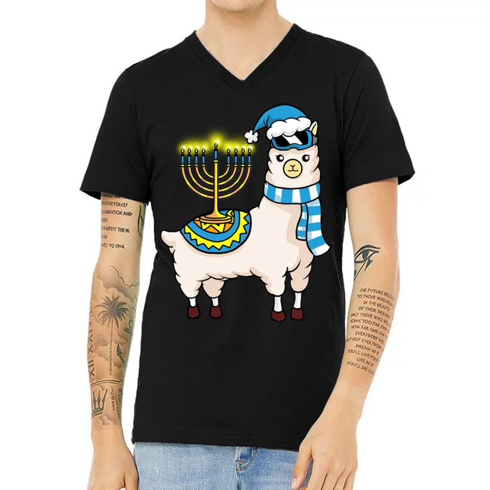 Glowing Menorah Hanukkah Llama Cute Alpaca Chanukah V-Neck T-Shirt