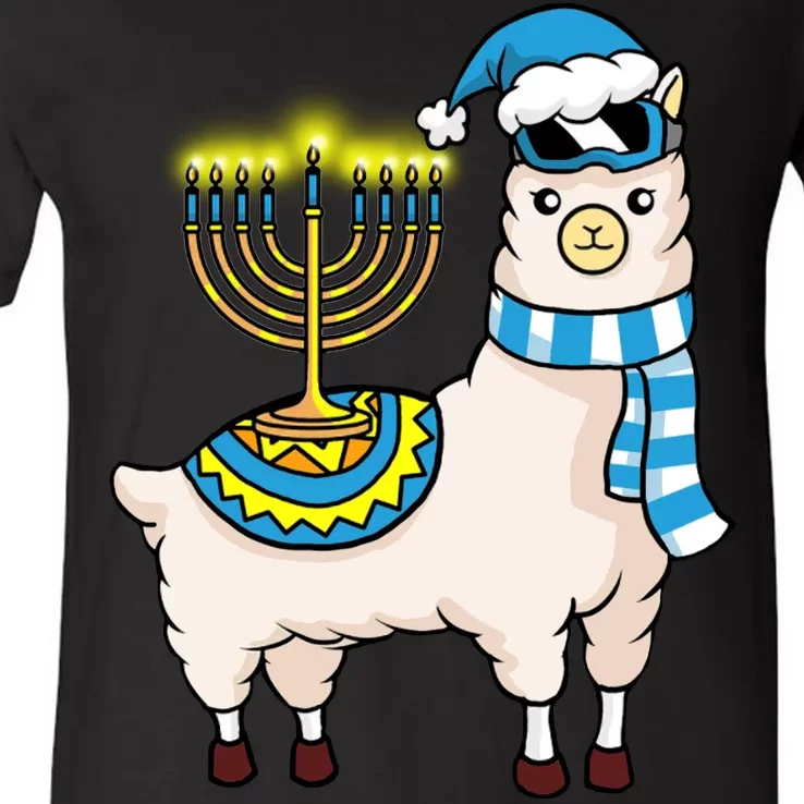 Glowing Menorah Hanukkah Llama Cute Alpaca Chanukah V-Neck T-Shirt