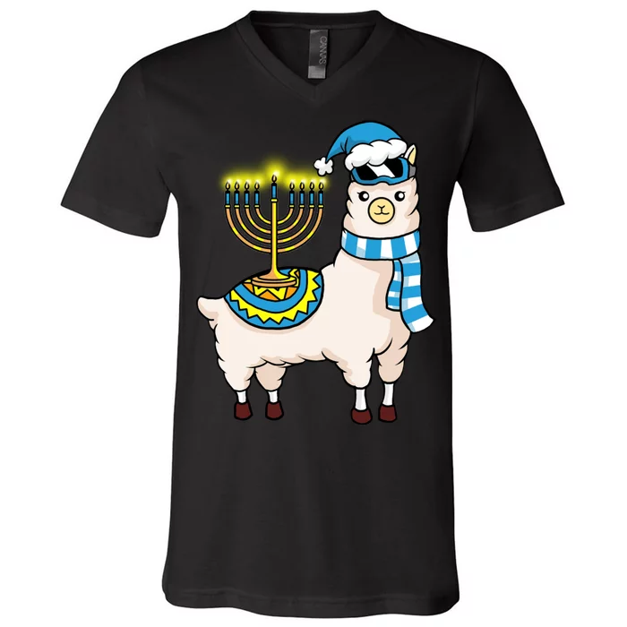 Glowing Menorah Hanukkah Llama Cute Alpaca Chanukah V-Neck T-Shirt