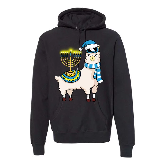 Glowing Menorah Hanukkah Llama Cute Alpaca Chanukah Premium Hoodie