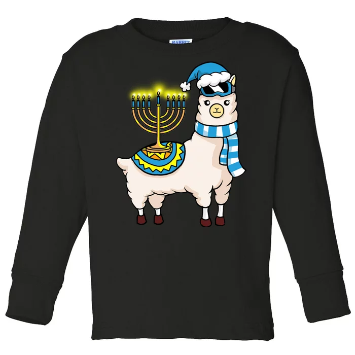 Glowing Menorah Hanukkah Llama Cute Alpaca Chanukah Toddler Long Sleeve Shirt