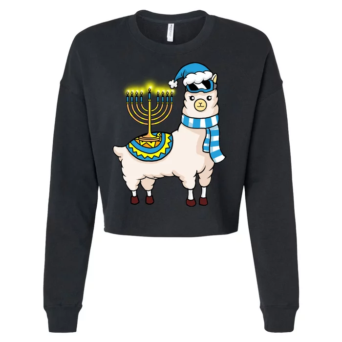 Glowing Menorah Hanukkah Llama Cute Alpaca Chanukah Cropped Pullover Crew