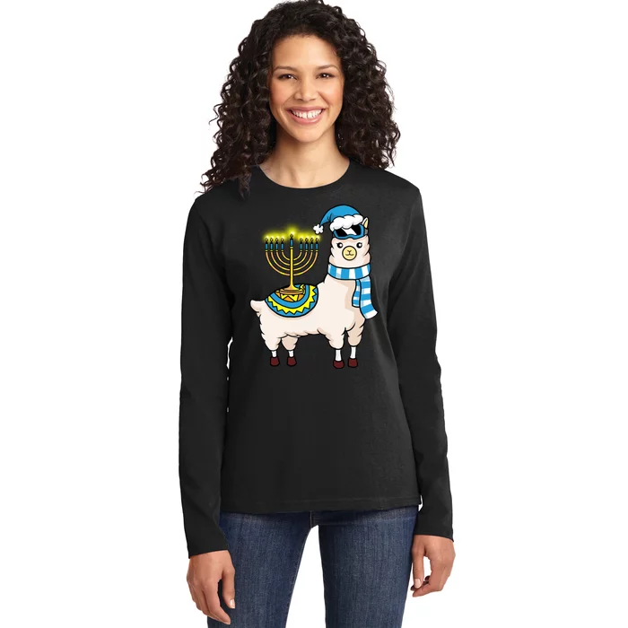 Glowing Menorah Hanukkah Llama Cute Alpaca Chanukah Ladies Long Sleeve Shirt