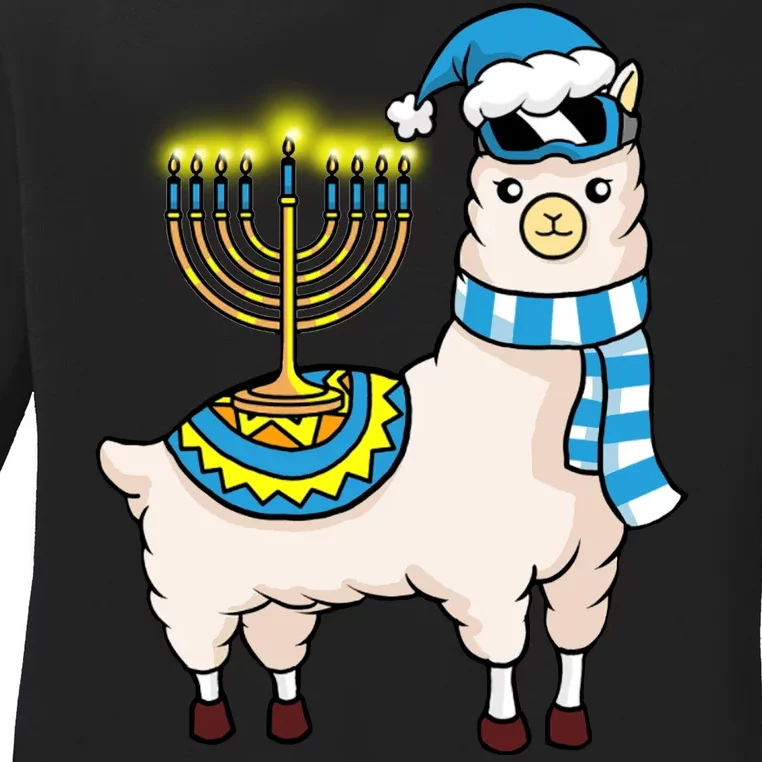 Glowing Menorah Hanukkah Llama Cute Alpaca Chanukah Ladies Long Sleeve Shirt