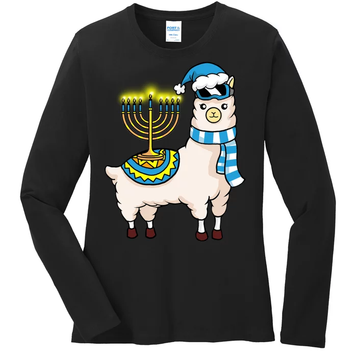 Glowing Menorah Hanukkah Llama Cute Alpaca Chanukah Ladies Long Sleeve Shirt