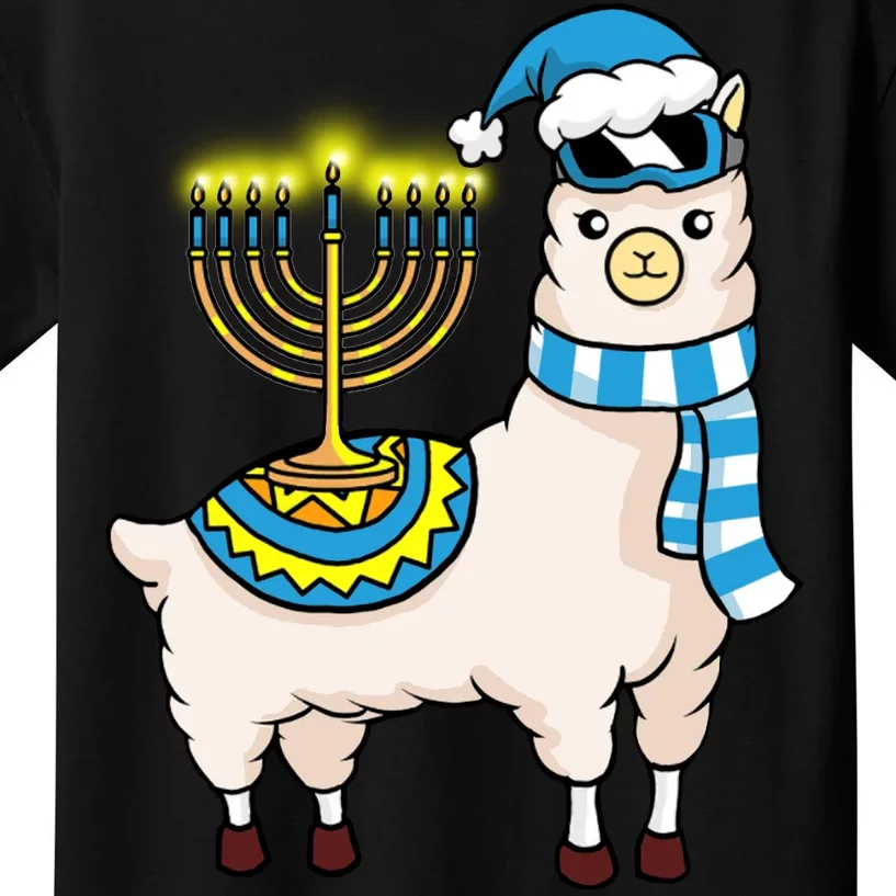 Glowing Menorah Hanukkah Llama Cute Alpaca Chanukah Kids T-Shirt