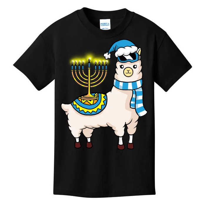 Glowing Menorah Hanukkah Llama Cute Alpaca Chanukah Kids T-Shirt