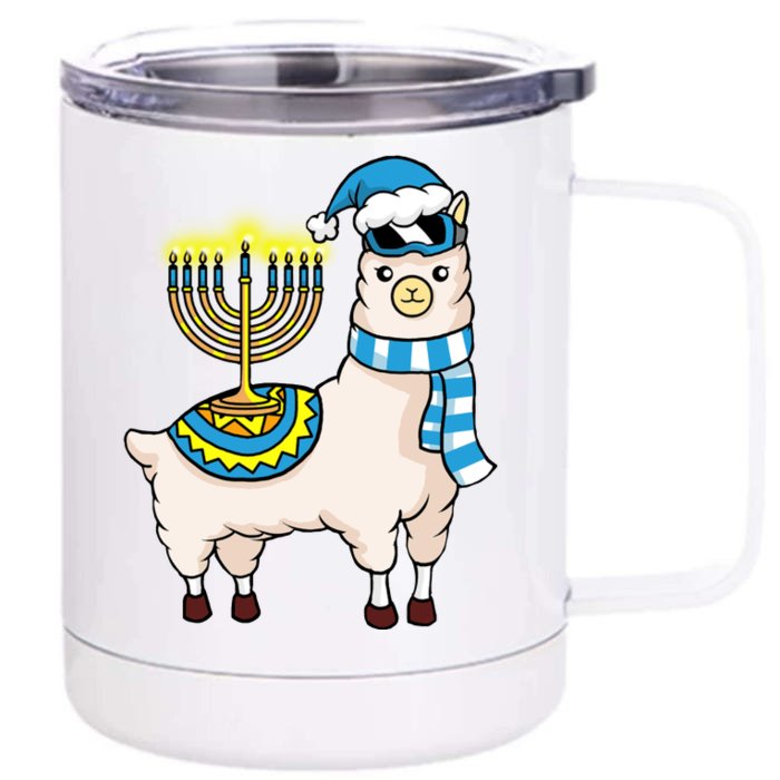 Glowing Menorah Hanukkah Llama Cute Alpaca Chanukah Front & Back 12oz Stainless Steel Tumbler Cup