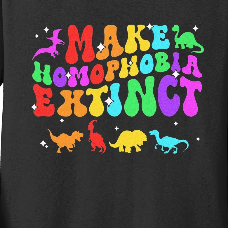 Groovy Make Homophobia Extinct Pride LGBT Rainbow Dinosaur Kids Long Sleeve Shirt