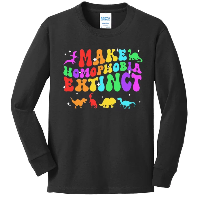 Groovy Make Homophobia Extinct Pride LGBT Rainbow Dinosaur Kids Long Sleeve Shirt