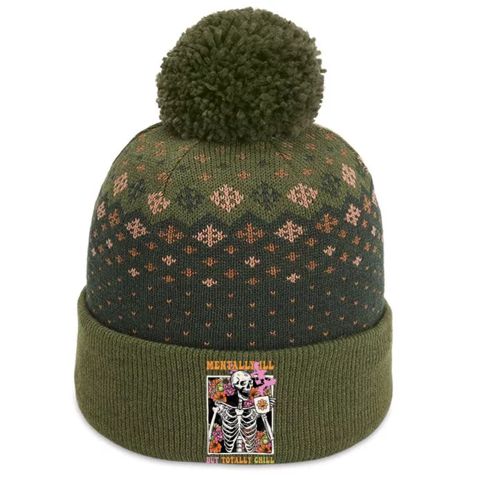 Groovy Mentally Ill But Totally Chill Halloween Skeleton The Baniff Cuffed Pom Beanie