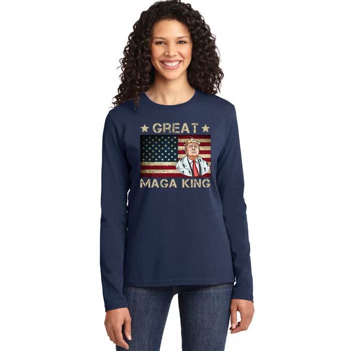 Great Maga King Trump USA Flag Ladies Long Sleeve Shirt