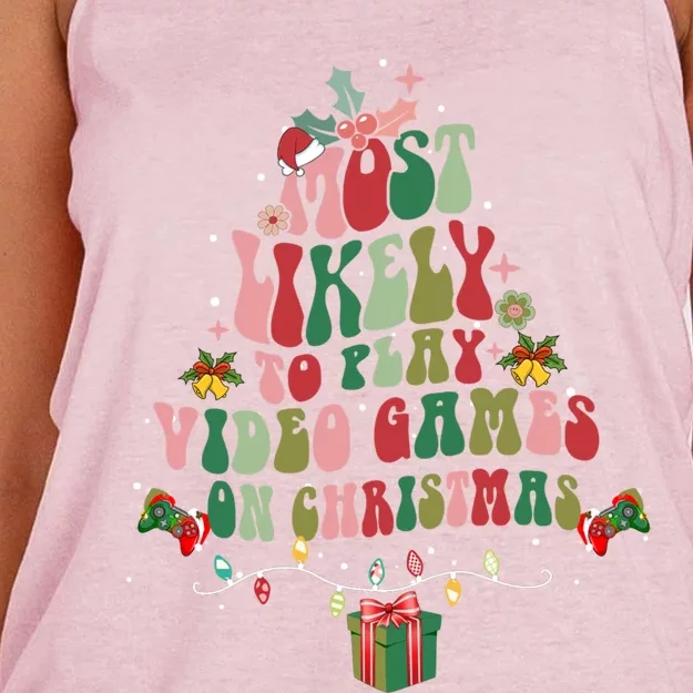 Groovy Most Likely To Play Video Games On Christmas Gift Women's Knotted Racerback Tank