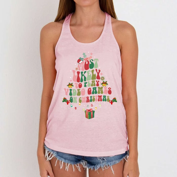 Groovy Most Likely To Play Video Games On Christmas Gift Women's Knotted Racerback Tank