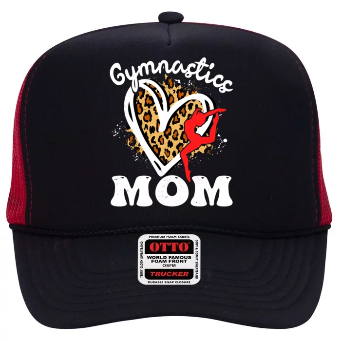 Gymnastics Mom Leopard Heart Gymnast Mother's Day Cute Gift High Crown Mesh Trucker Hat