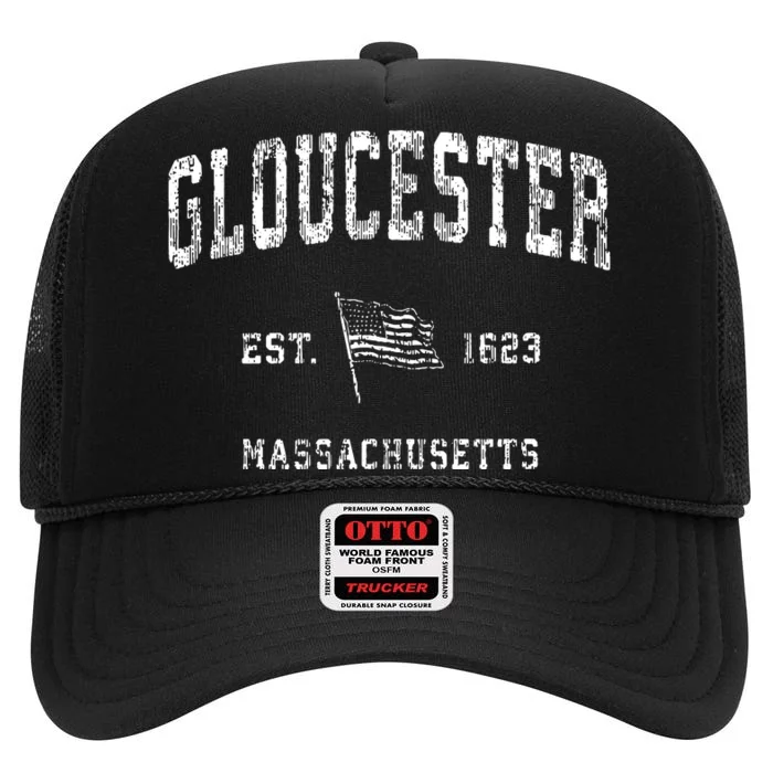 Gloucester Massachusetts Ma Vintage Us Flag High Crown Mesh Trucker Hat