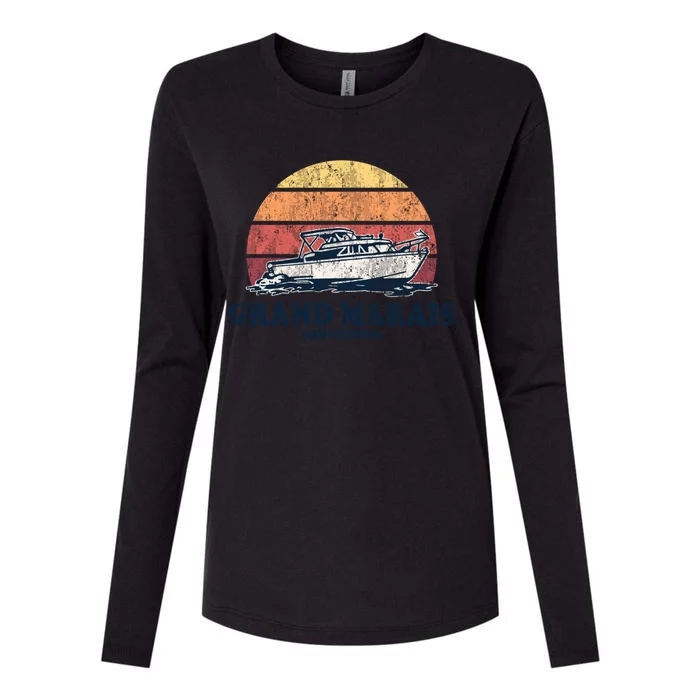 Grand Marais Mn Vintage Boating 70s Retro Boat Design Gift Womens Cotton Relaxed Long Sleeve T-Shirt