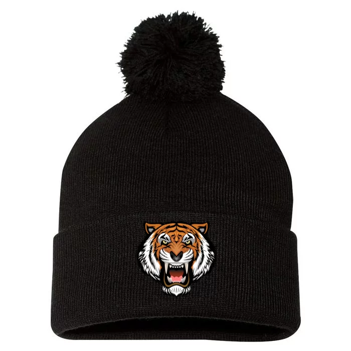 Growling Mouth Open Bengal Tiger Pom Pom 12in Knit Beanie