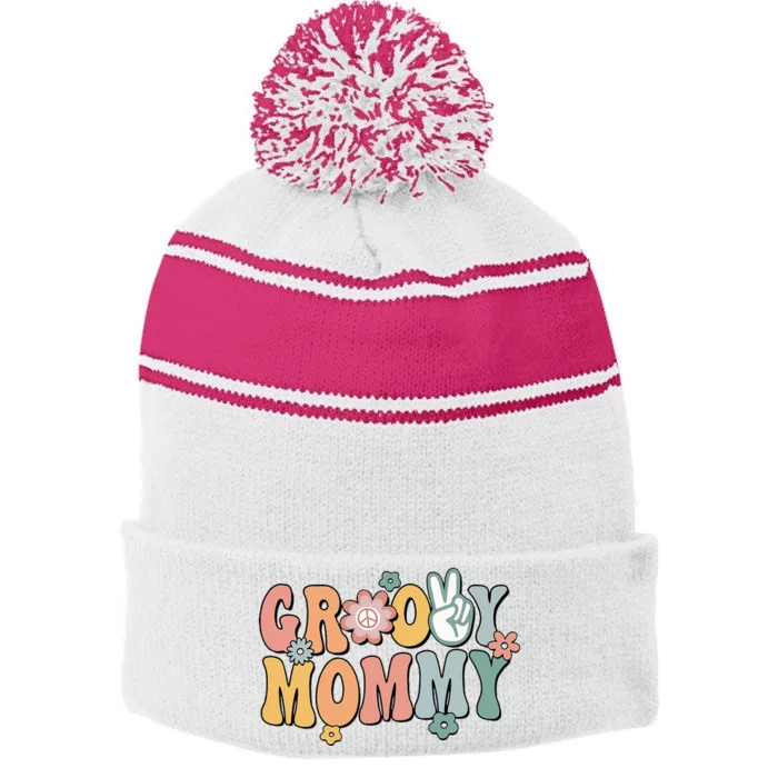 Groovy Mommy Retro Mom Matching Family Stripe Pom Pom Beanie