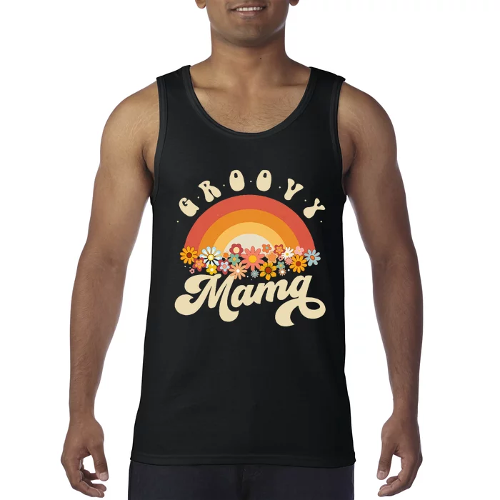 Groovy Mama Retro Rainbow Colorful Flowers Design Mom Tank Top