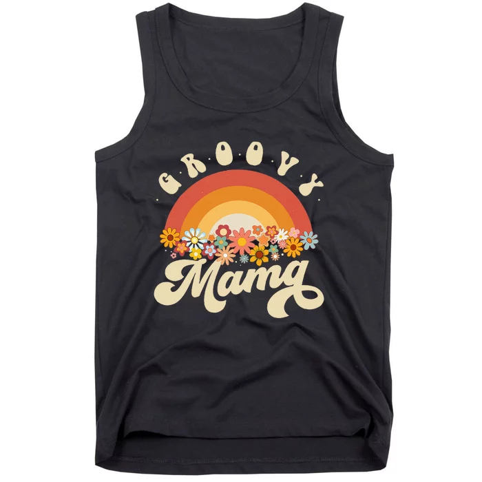 Groovy Mama Retro Rainbow Colorful Flowers Design Mom Tank Top