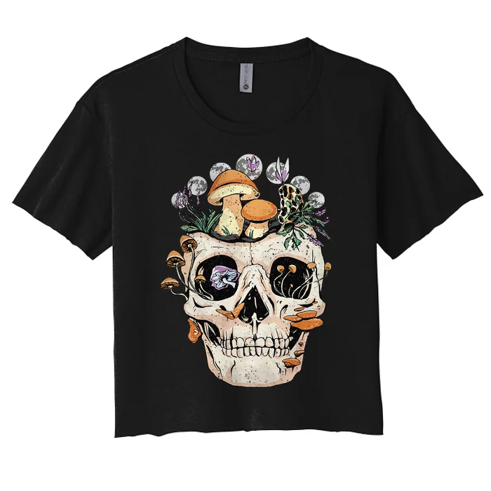 Goth Mushroom Skull Mycologist Fungi Women's Crop Top Tee