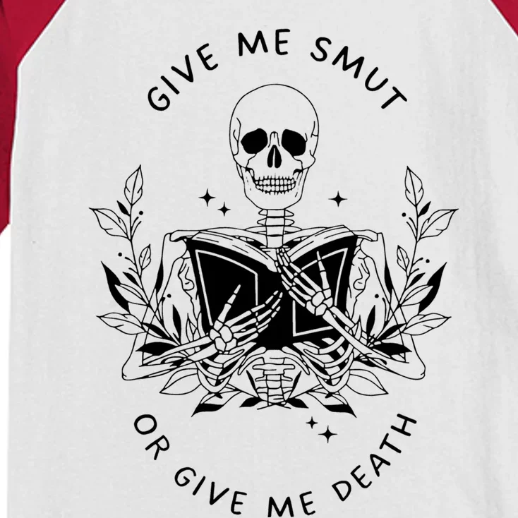 Give Me Smut Or Give Me Death Skeleton Book Lover Cute Gift Kids Colorblock Raglan Jersey