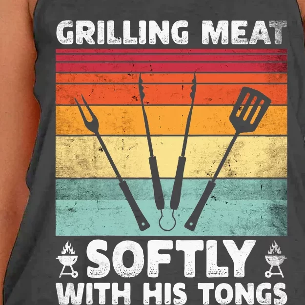 Grilling Meat Softly With His Tongs Funny Grilling Bbq Quote Women's Knotted Racerback Tank