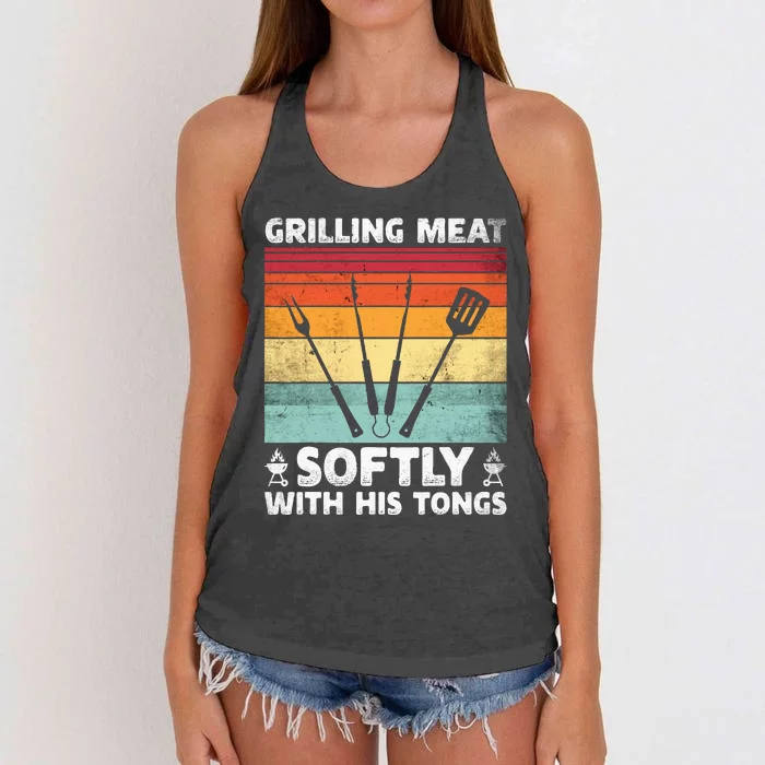 Grilling Meat Softly With His Tongs Funny Grilling Bbq Quote Women's Knotted Racerback Tank