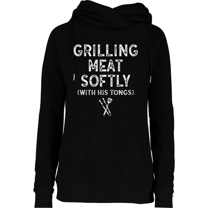 Grilling Meat Softly With His Tongs Funny Bbq Party Retro Womens Funnel Neck Pullover Hood