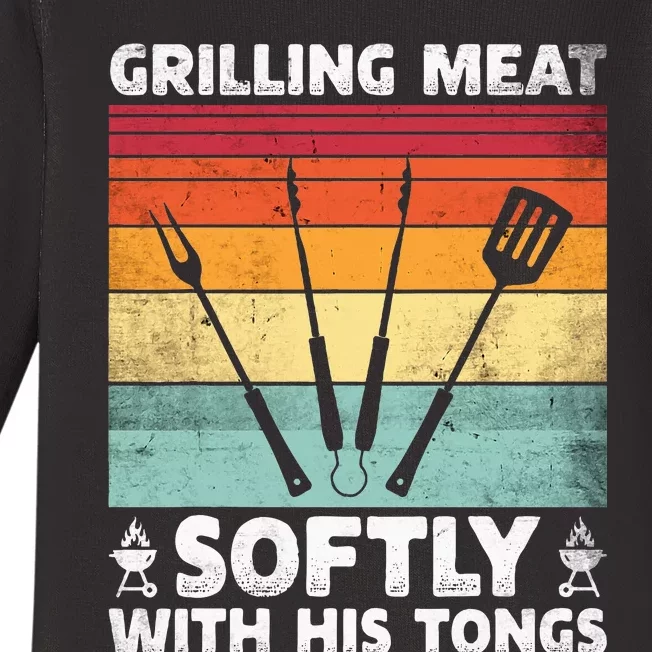 Grilling Meat Softly With His Tongs Funny Grilling Bbq Quote Baby Long Sleeve Bodysuit