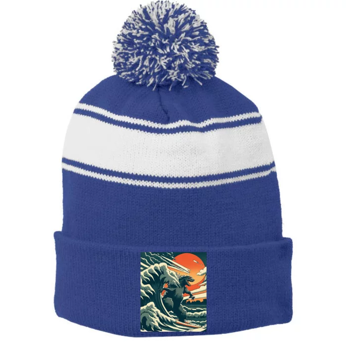 Great Monster Surfing Wave Off Kanagawa Japanese Stripe Pom Pom Beanie