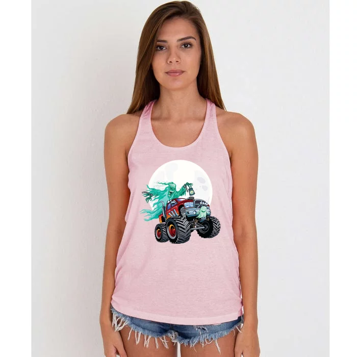 Ghost Monster Truck Funny Creepy Halloween Spirit Scary Gift Women's Knotted Racerback Tank