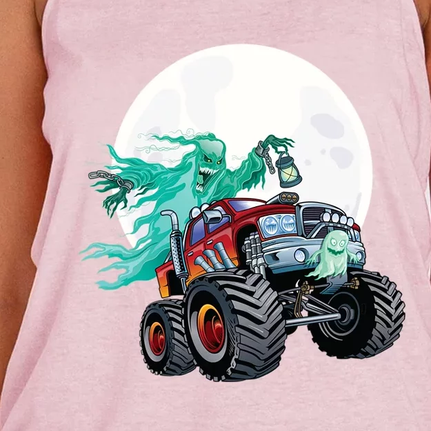 Ghost Monster Truck Funny Creepy Halloween Spirit Scary Gift Women's Knotted Racerback Tank