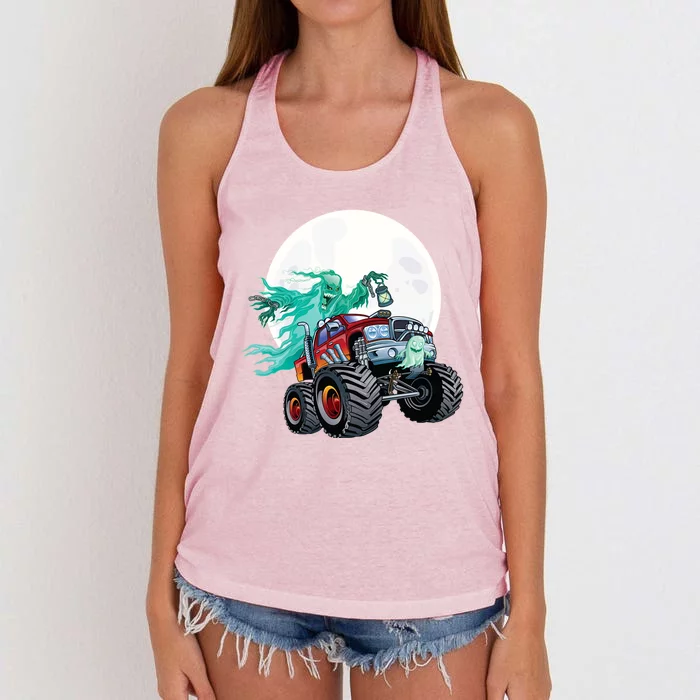 Ghost Monster Truck Funny Creepy Halloween Spirit Scary Gift Women's Knotted Racerback Tank