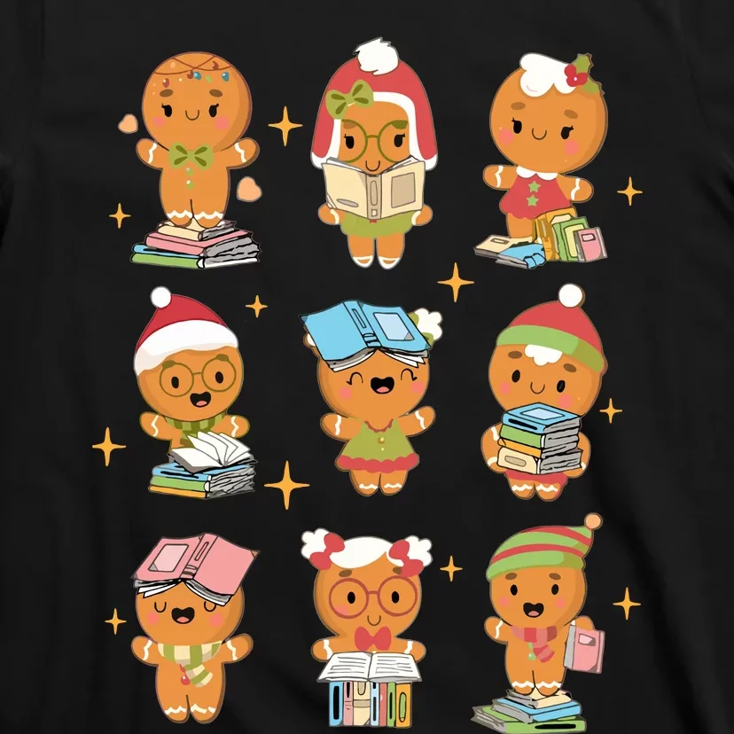 Gingerbread Man Teacher Christmas Reading Book Librarian T-Shirt