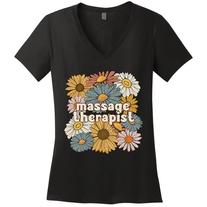 Groovy Massage Therapist Flowers Massage Therapy Women's V-Neck T-Shirt