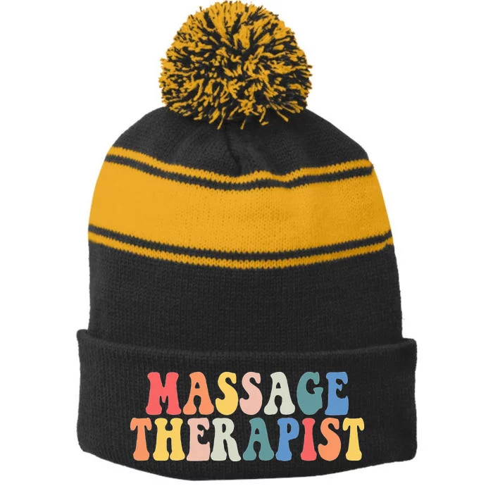 Groovy Massage Therapist Pocket Muscle Massage Therapy Squad Stripe Pom Pom Beanie