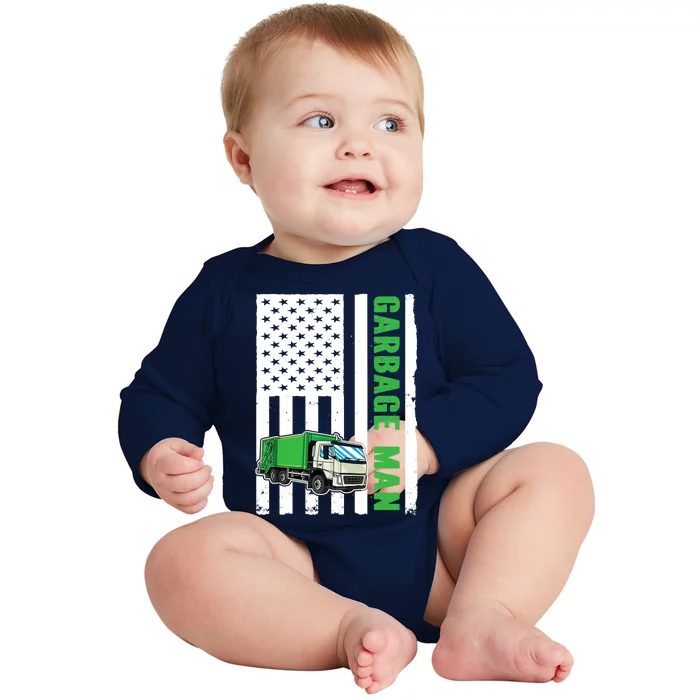 Garbage Man US Flag Garbage Truck Baby Long Sleeve Bodysuit