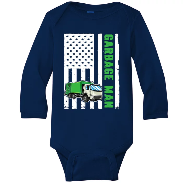 Garbage Man US Flag Garbage Truck Baby Long Sleeve Bodysuit