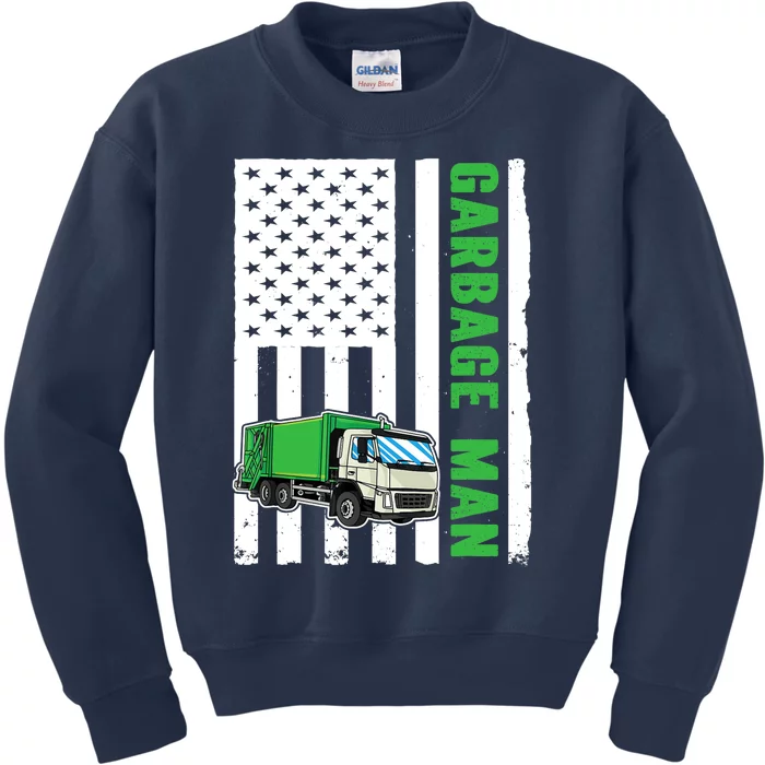 Garbage Man US Flag Garbage Truck Kids Sweatshirt